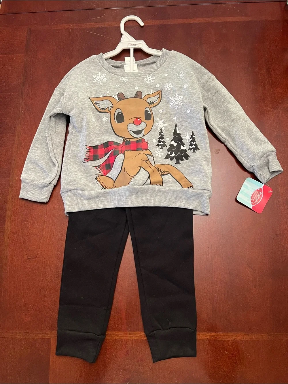 Rudolph Kids 2-Piece Grey Sweatshirt & Black Sweatpants Pajama Set